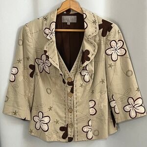 Vintage Emil Rutenberg Linen Blazer Women M Beige Floral Embroidered Boho Artsy